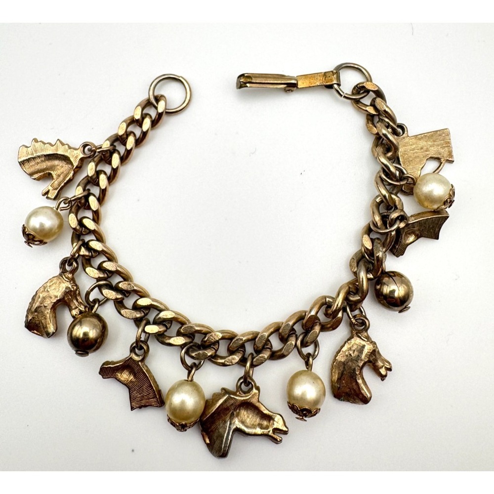 Vintage Equestrian Bracelet Multi Charm Gold Tone Horse Head Pearl READ